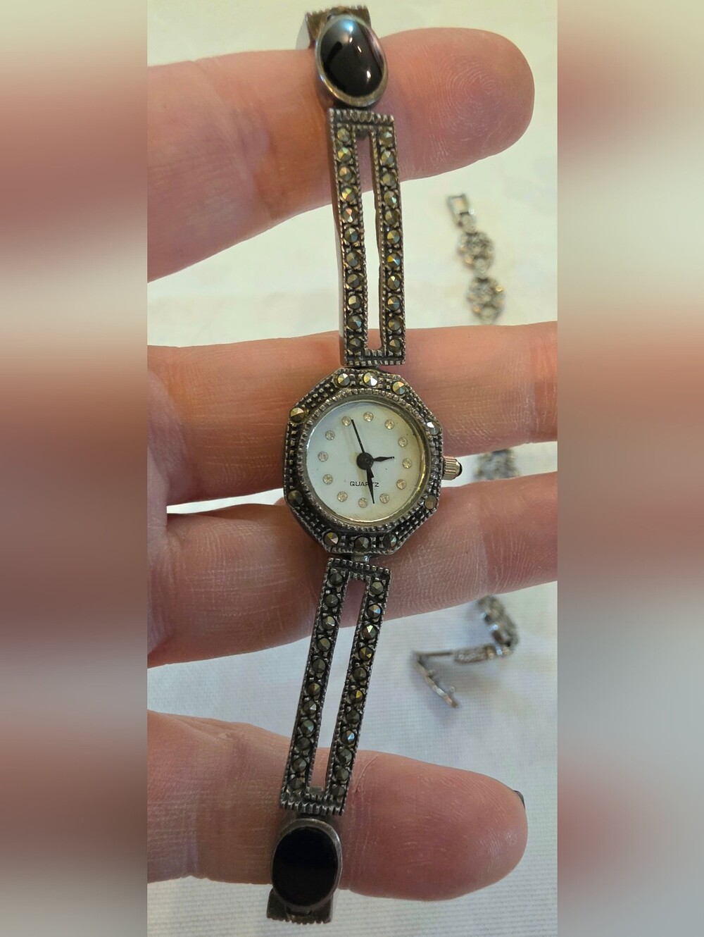 80s Sterling Marcasite Onyx Cocktail Watch